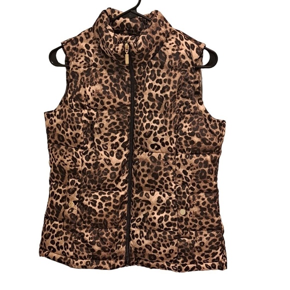 Charter Club Women's Quilted Leopard Print Puffer Vest Size S Black/Brown - Picture 1 of 4